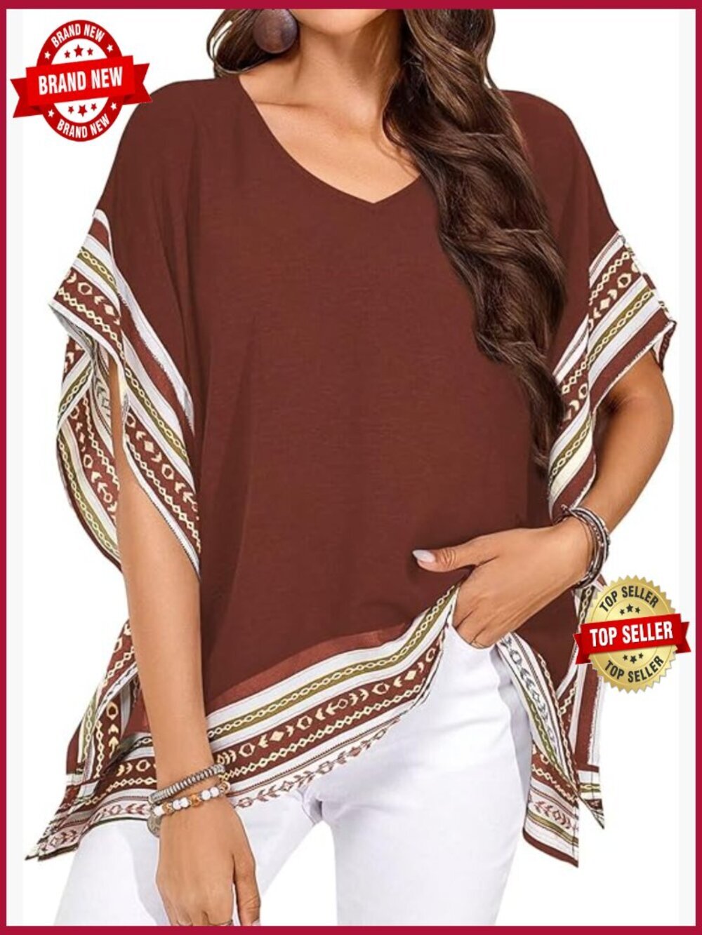 Womens Batwing Sleeve Blouse V Neck Floral Top Loose Boho Tee Side Slit